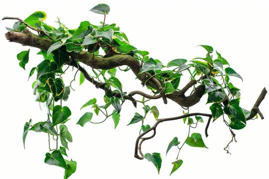 Graceful twisted jungle branch with lush green plant, isolated on white, nature photo