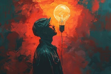 Drawn figure with an overhead light bulb, representing an idea flash - obrazy, fototapety, plakaty