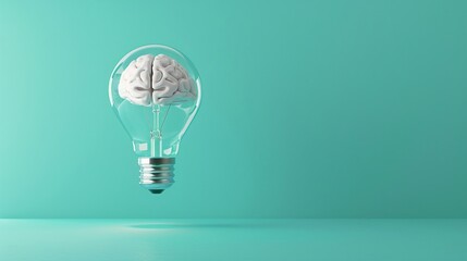 Elegant 3D light bulb with a brain floating inside, pastel teal background, symbol of floating ideas