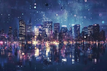 Glittering city skyline at night with sparkling lights and reflections, urban landscape, digital art