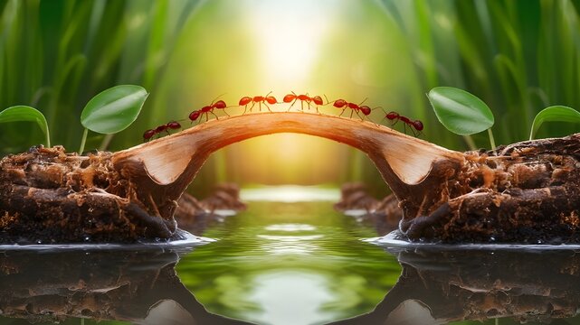 Ant Team Constructing Bridge Over Water at Sunrise or Sunset