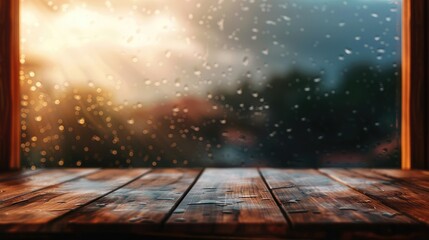 The wooden tabletop on a blur window background with smoke float up with rain , can be used for...