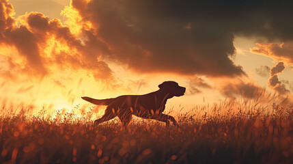 Clouds over silhouette ofLabrador Retriever running on grass at dusk - obrazy, fototapety, plakaty