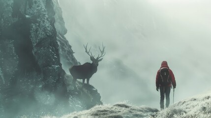 An image capturing a solitary hiker facing a majestic deer on a foggy mountain trail, the mist adding a layer of mystery and connection between human and wildlife. - obrazy, fototapety, plakaty
