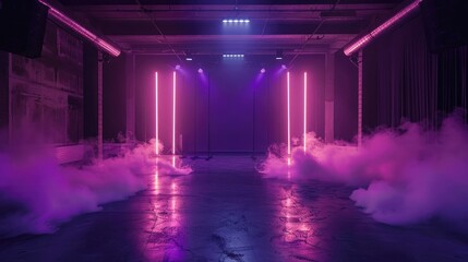 The dark stage shows, dark purple background, an empty dark scene, neon light, and spotlights The...
