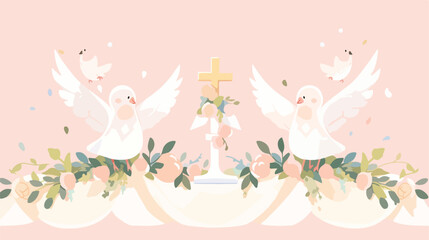 First communion items card with doves flat cartoon - obrazy, fototapety, plakaty