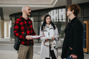 Three professionals engage in a discussion with documents during a casual business meeting outside an office building.