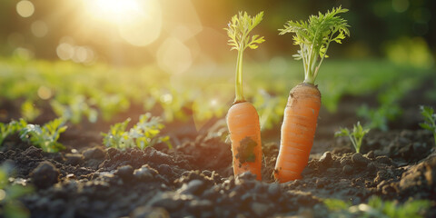 A close-up shot of organic carrots being harvested at sunrise, with the soil clinging to the roots, highlighting the connection between soil health and organic produce.