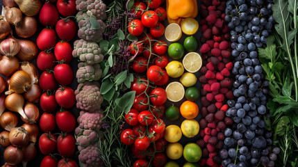Top view of a colorful variety of fresh vegetables and fruits neatly arranged, showcasing nature's diverse palette.
