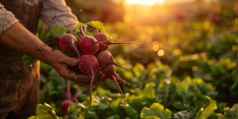 A farmer's hands holding freshly harvested red beetroots with green leaves in a sunlit field at sunset, embodying the harvest season. - obrazy, fototapety, plakaty