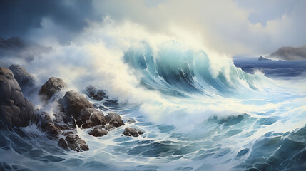 Witness the mesmerizing collision of ocean waves with a rugged shoreline in this vivid watercolor artwork.