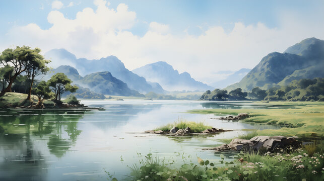 Discover the tranquility of a serene river valley in this digital artwork, capturing lush green mountains mirrored in the calm waters beneath a soft, cloudy sky.