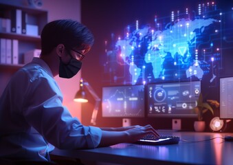 Modern cyber analyst at work in a digital surveillance hub with advanced interfaces displaying global data