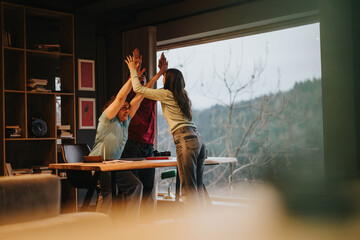 Three colleagues give a high five, celebrating success in a bright workspace with a view