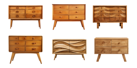 Collection of wooden sideboard with drawers isolated on a transparent background, PNG