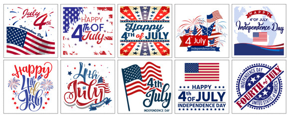 Premium Vectors | The symbol and elements of the fourth of July are set in the blue, red and white colors of the U.S. flag, isolated. Patriotic decoration for design. Photos about events, design, memo - obrazy, fototapety, plakaty