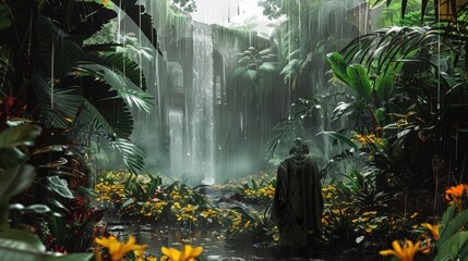 The vibrant life of the jungle during a monsoon, with a person in a raincoat witnessing the rejuvenation of flora and fauna, highlighting the dynamic interplay between rain, growth, and life.