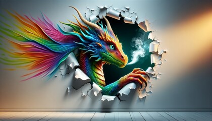 Colorful Fantasy Dragon Breaking Through a Wall with a Burst of Clouds and Cosmic Backdrop