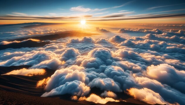Enthralling sunrise atop a sea of clouds, offering a spectacular display of light and shadow for breathtaking nature photography and inspirational imagery
