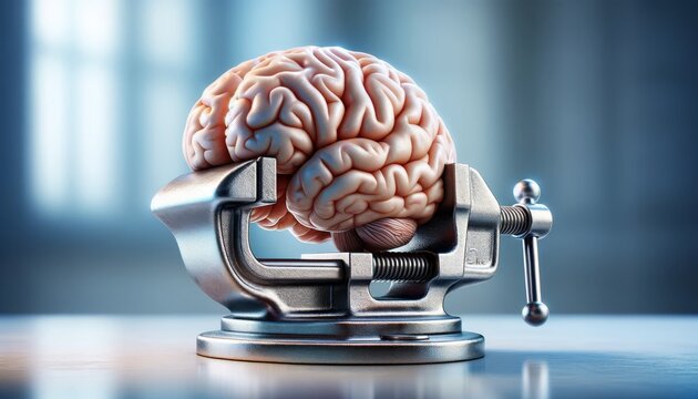 A conceptual brain in a vice, representing the pressure and stress of mental challenges or the strength and resilience of the human mind