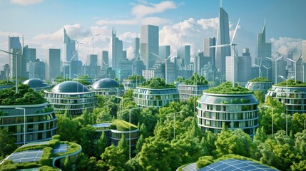 a futuristic cityscape powered entirely by sustainable energy sources, featuring sleek buildings with green roofs, solar panels, and wind turbines seamlessly integrated into the architecture. - obrazy, fototapety, plakaty