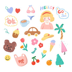 Cute Hand Painted Summer Stickers Illustration Elements