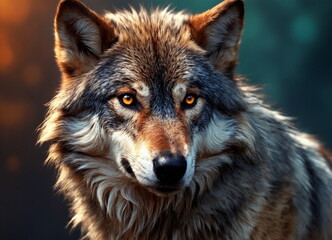 Naklejka na ściany i meble A gray wolf in the forest. A predatory forest beast.