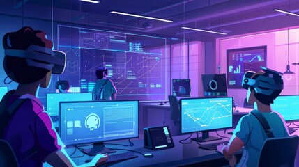 a high-tech office environment with cutting-edge technology, including dual-monitor setups, smart boards, and VR equipment, where young professionals engage in software development and digital design.