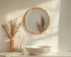 Bathroom interior with round mirror on the wall.