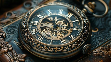Fototapeta na wymiar Capture the intricate details of a vintage pocket watch, highlighting its aged brass casing and delicate engravings, evoking a sense of timeless elegance.