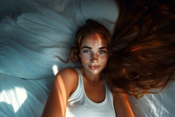 Fototapeta premium A woman laying in bed with her hair blowing in the wind