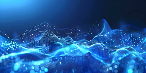 Digital blue color particles wave flow abstract background.