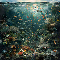 Fototapeta na wymiar Detailed Scientific Illustration of Marine Ecosystem and Biodiversity