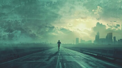 An image depicting a lone marathon runner in the vastness of the course, with a determined expression, illustrating the personal struggle and perseverance beyond the competitive aspect. - obrazy, fototapety, plakaty