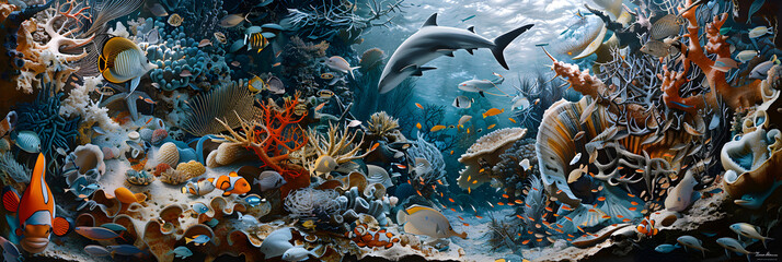 Detailed Scientific Illustration of Marine Ecosystem and Biodiversity - obrazy, fototapety, plakaty