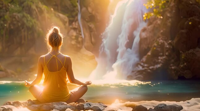 A woman meditates overlooking a waterfall