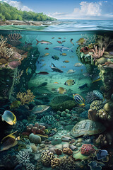 Detailed Scientific Illustration of Marine Ecosystem and Biodiversity