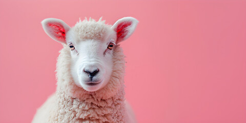 Closeup of sheep or ram head on pastel pink background. Cute funny farm animal. Agriculture industry, farming and animal husbandry. Banner with copy space 