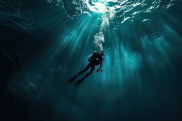 A diver plunging into unknown depths, metaphor for exploring uncharted territories and taking risks - obrazy, fototapety, plakaty