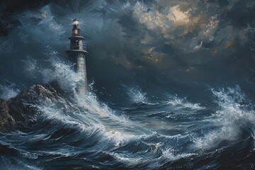 A lighthouse standing firm against stormy seas, guiding ships to safety, a beacon of successful navigation - obrazy, fototapety, plakaty