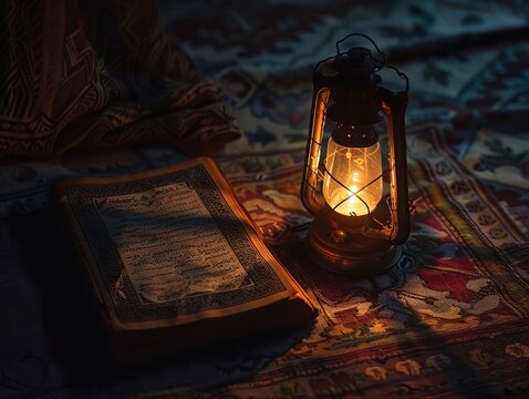 A lantern casting a shadow on a closed book of Islamic teachings, in the solitude of the night