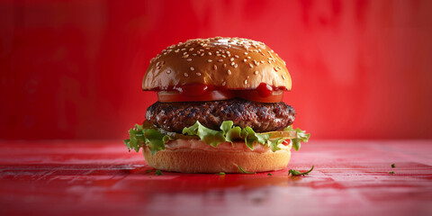 A burger on red color studio background