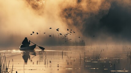 a canoe navigating through a foggy wetland at dawn, capturing shots of birds in flight, the mist creating a dreamlike quality that emphasizes the tranquility and beauty of wetland ecosystems. - obrazy, fototapety, plakaty