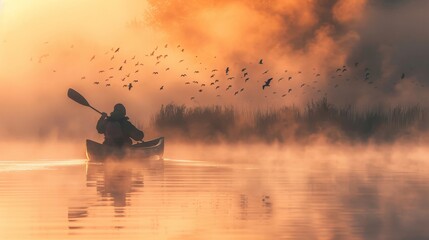 a canoe navigating through a foggy wetland at dawn, capturing shots of birds in flight, the mist creating a dreamlike quality that emphasizes the tranquility and beauty of wetland ecosystems. - obrazy, fototapety, plakaty