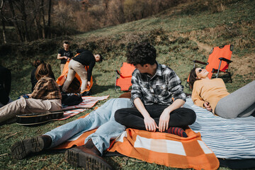 Casual outdoor picnic scene with friends relaxing on a sunny day, guitar on a blanket, in a grassy field