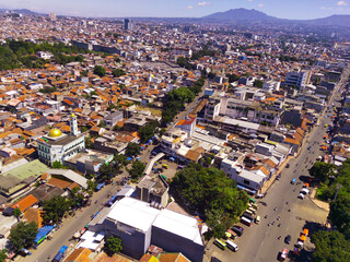 Cityscape of downtown district in Bandung city, Indonesia. View of the dense residential and...