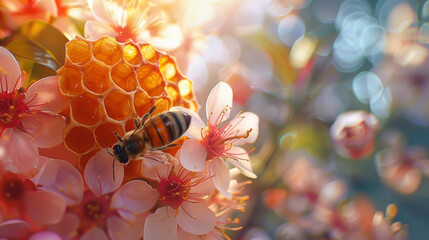 Wild honeycomb on a blurred blooming garden, sweet nectar - obrazy, fototapety, plakaty