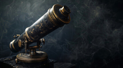 Obraz na płótnie Canvas A dark, atmospheric setting highlighting an antique telescope, symbolizing achievements in astronomy
