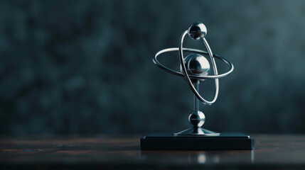 A dark, matte background showcasing a platinum atom model trophy - obrazy, fototapety, plakaty