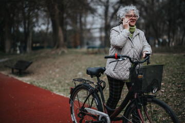 Mature female retiree standing with her bicycle in a tranquil park, showcasing an active lifestyle.